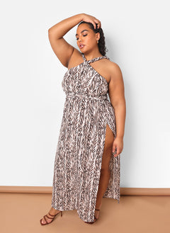 Yana Bamboo Print Halter Maxi Slip Dress