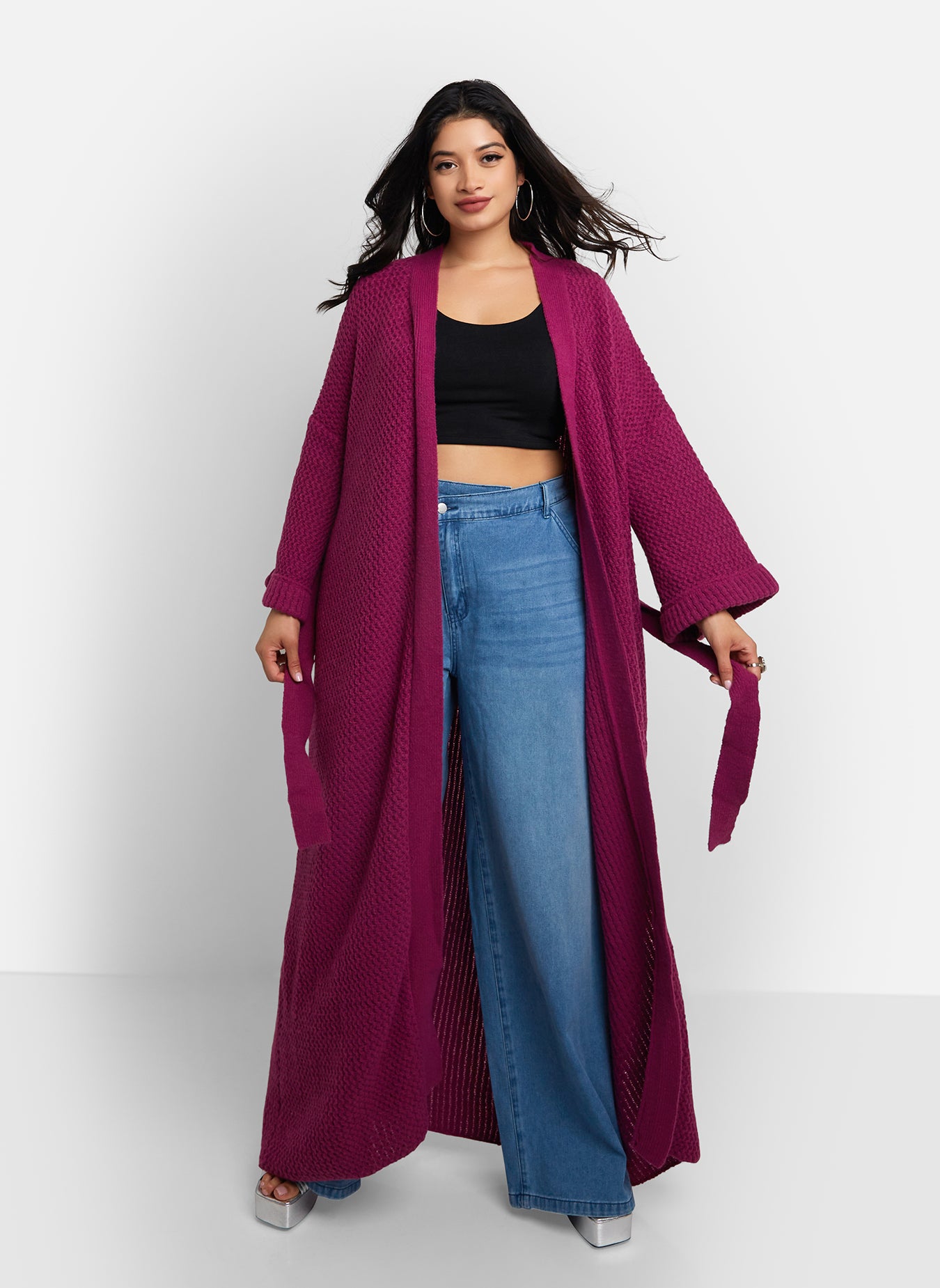 Yelena Knit Oversized Belted Duster  - Berry