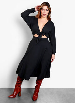 Your Needs Front Tie Skater Midi Dress - Black