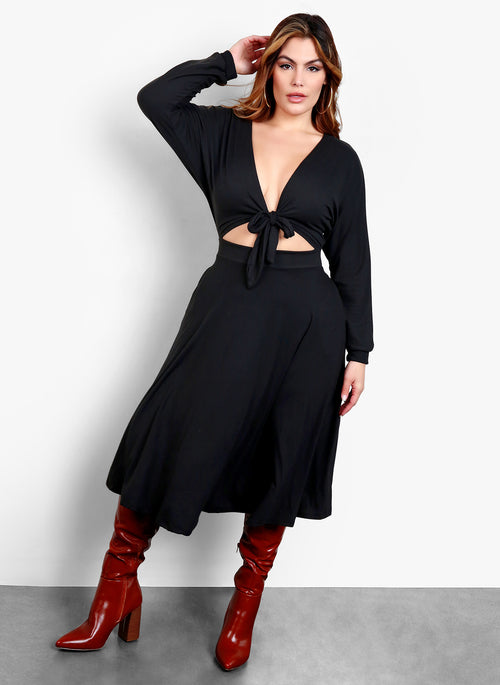 Your Needs Front Tie Skater Midi Dress - Black