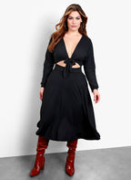 Your Needs Front Tie Skater Midi Dress - Black