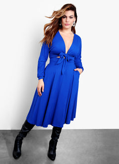 Your Needs Front Tie Skater Midi Dress  - Royal Blue