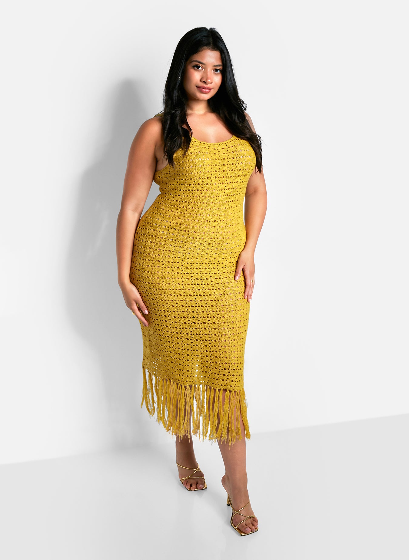 Zola Crochet Tassel Hem Midi Slip Dress - Mustard