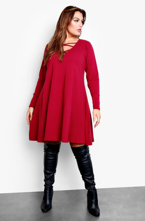 Burgundy Long Sleeve Caged Slip Mini Dress Plus Sizes