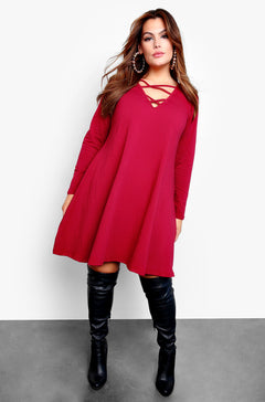 Burgundy Long Sleeve Caged Slip Mini Dress Plus Sizes