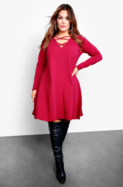 Burgundy Long Sleeve Caged Slip Mini Dress Plus Sizes