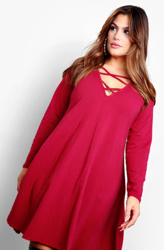 Burgundy Long Sleeve Caged Slip Mini Dress Plus Sizes