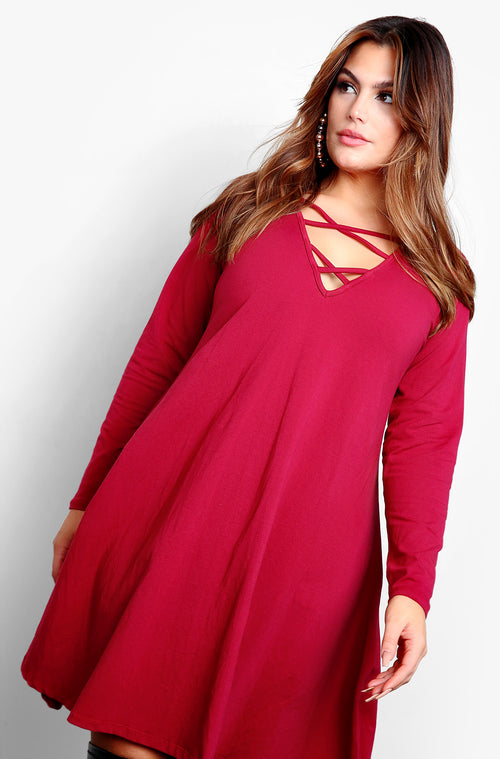 Burgundy Long Sleeve Caged Slip Mini Dress Plus Sizes