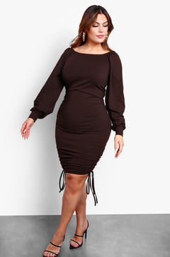 Brown Peasant Top Ruched Midi Dress Plus Sizes