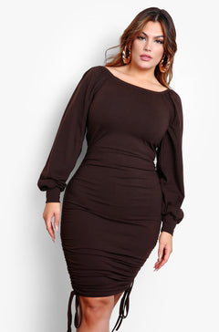 Brown Peasant Top Ruched Midi Dress Plus Sizes