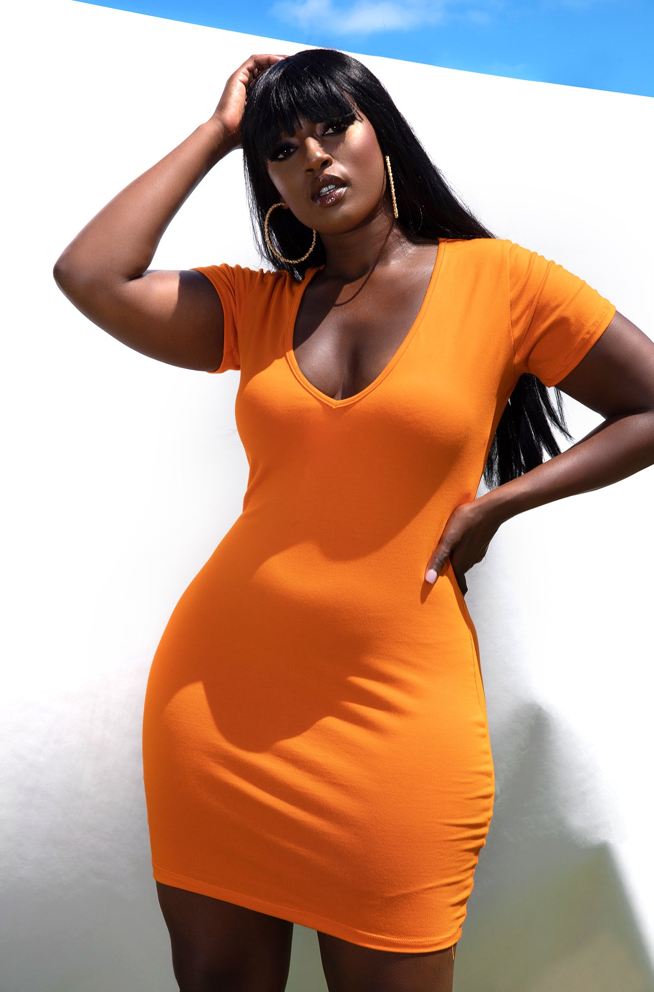 orange essential short sleeve v-neck bodycon mini dress plus sizes