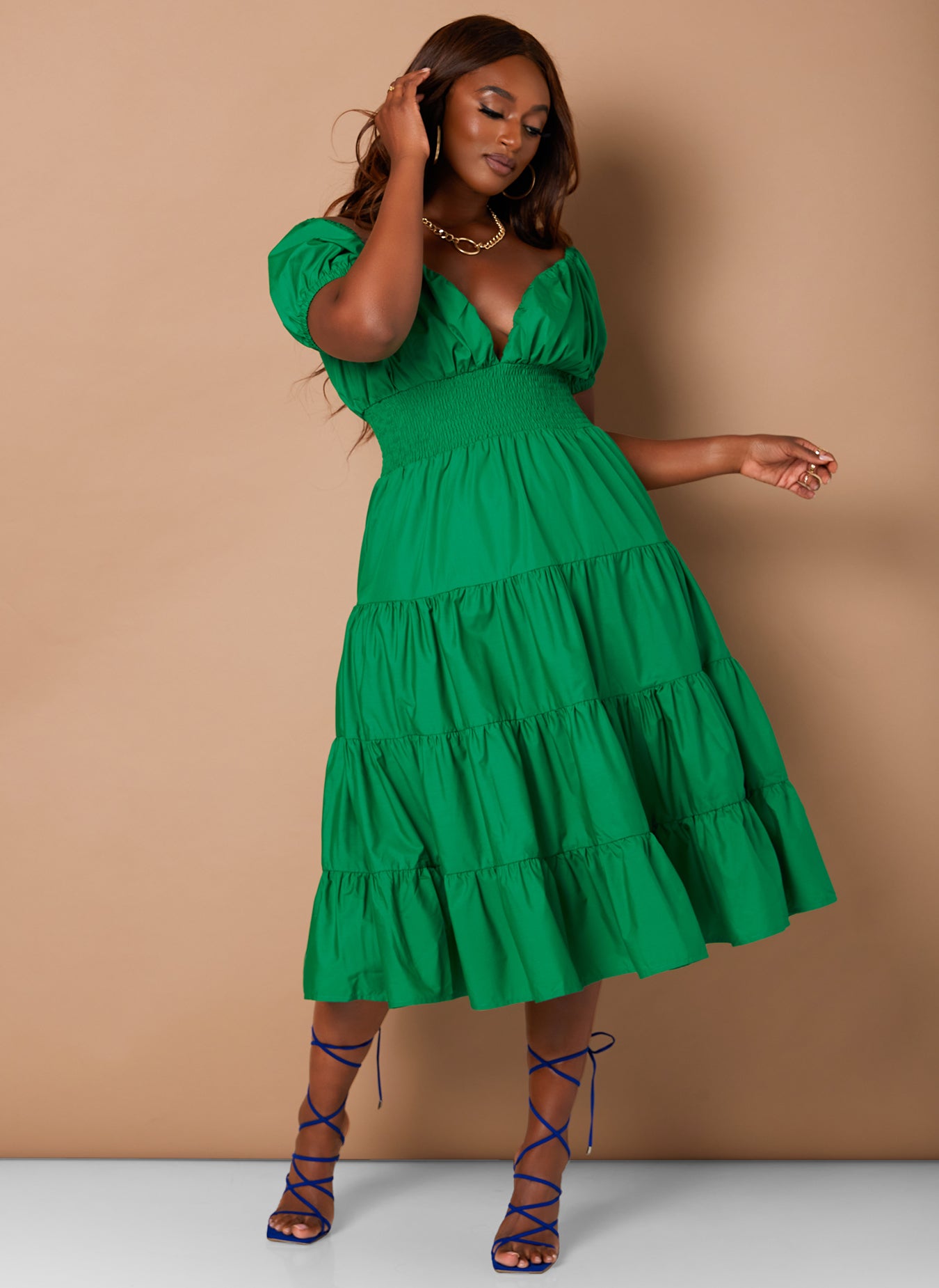 Green A Moment Peasant Top Layered Midi Skater Dress Plus Sizes