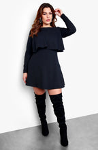 Black Plus Size Long Sleeve Open Back Skater Mini Dress