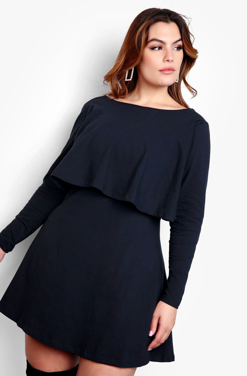 Black Plus Size Long Sleeve Open Back Skater Mini Dress