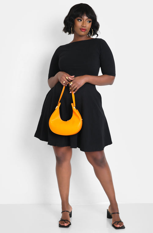 Black Essential Boat Neck Skater Mini Dress with Pockets Plus Sizes
