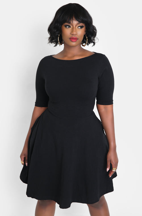 Black Essential Boat Neck Skater Mini Dress with Pockets Plus Sizes