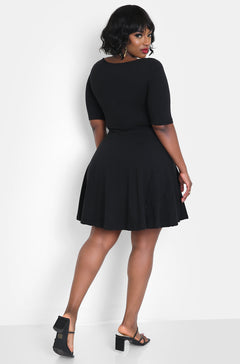 Black Essential Boat Neck Skater Mini Dress with Pockets Plus Sizes