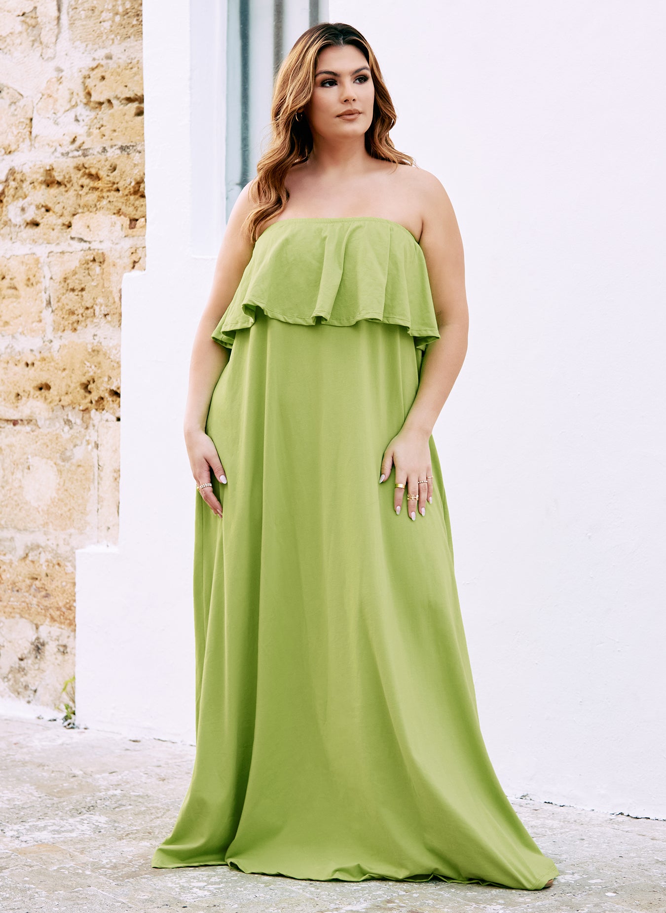 Bree Ruffle Strapless Maxi A Line Dress - Chartreuse