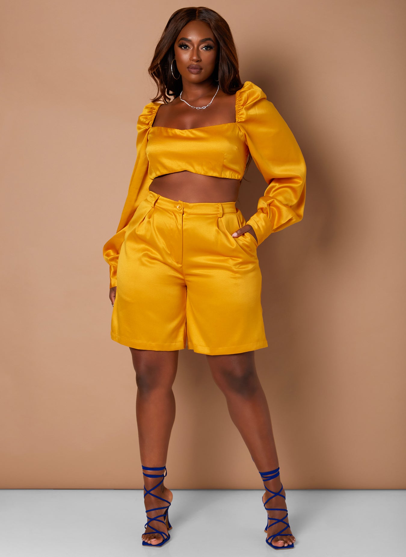 Yellow Brielle Long Sleeve Cropped Smocked Back Blouse Plus Sizes