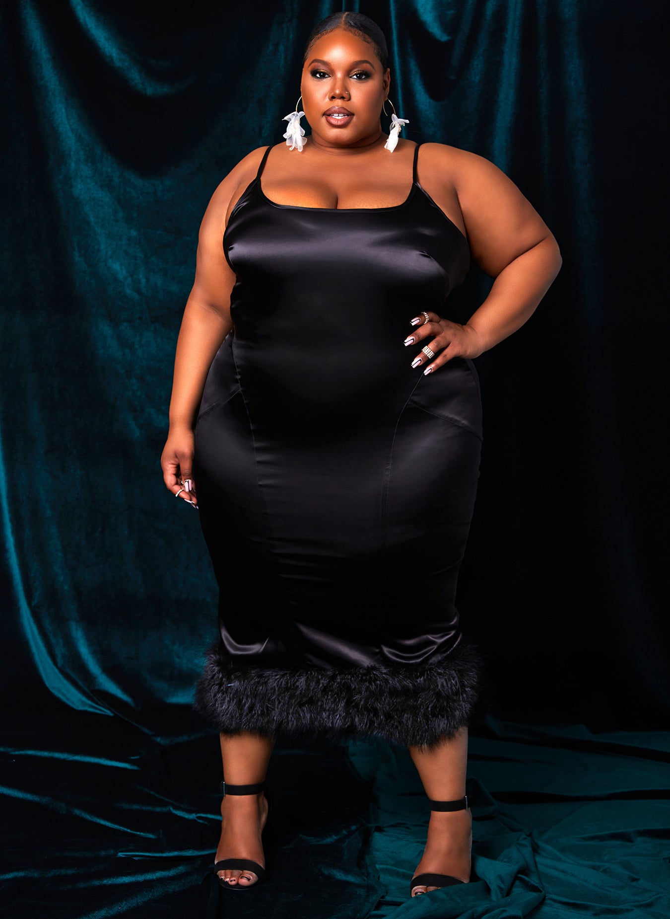 Black Celeste Satin Strappy Feather Hem Midi Bodycon Dress Plus Sizes