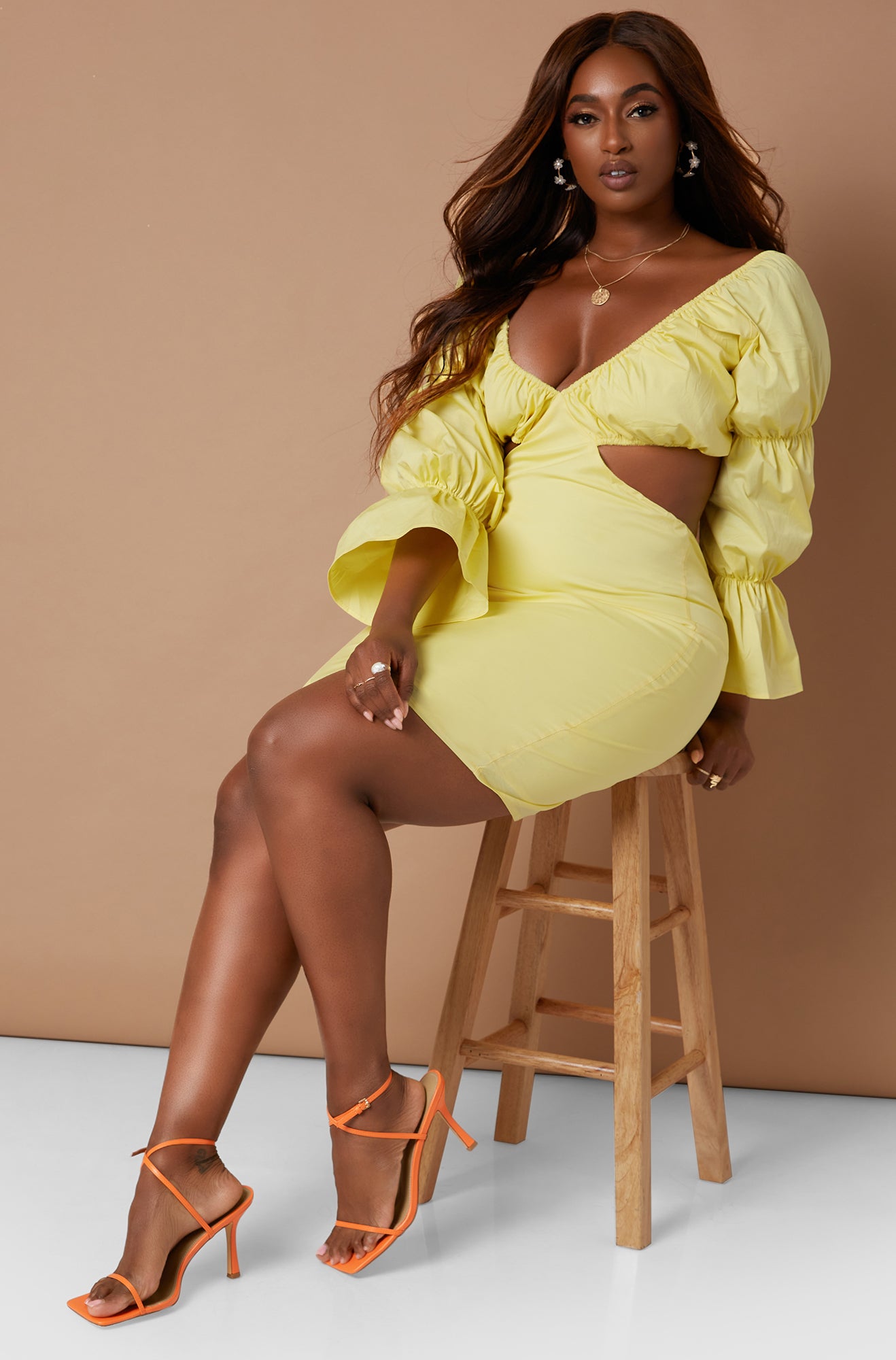 Yellow Denise Mercedes X REBDOLLS Champagne Dreams Cut Out Tiered Sleeve Mini Bodycon Dress Plus Sizes