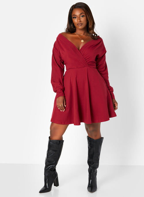 Burgundy Class Flirt Off The Shoulder Mini Skater Dress W. Pockets Plus Sizes