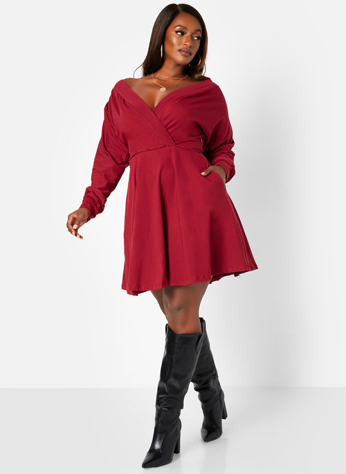 Burgundy Class Flirt Off The Shoulder Mini Skater Dress W. Pockets Plus Sizes