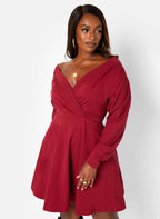 Burgundy Class Flirt Off The Shoulder Mini Skater Dress W. Pockets Plus Sizes