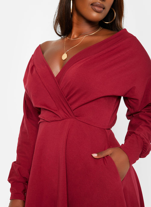 Burgundy Class Flirt Off The Shoulder Mini Skater Dress W. Pockets Plus Sizes