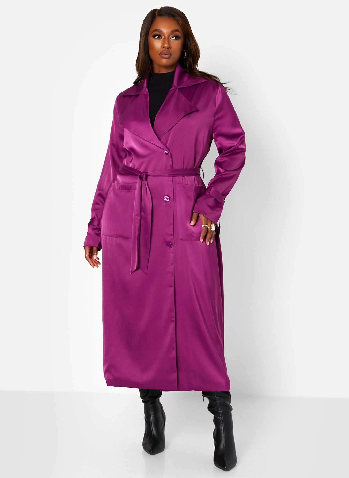Purple Classic Ending Satin Trench Coat Plus Sizes