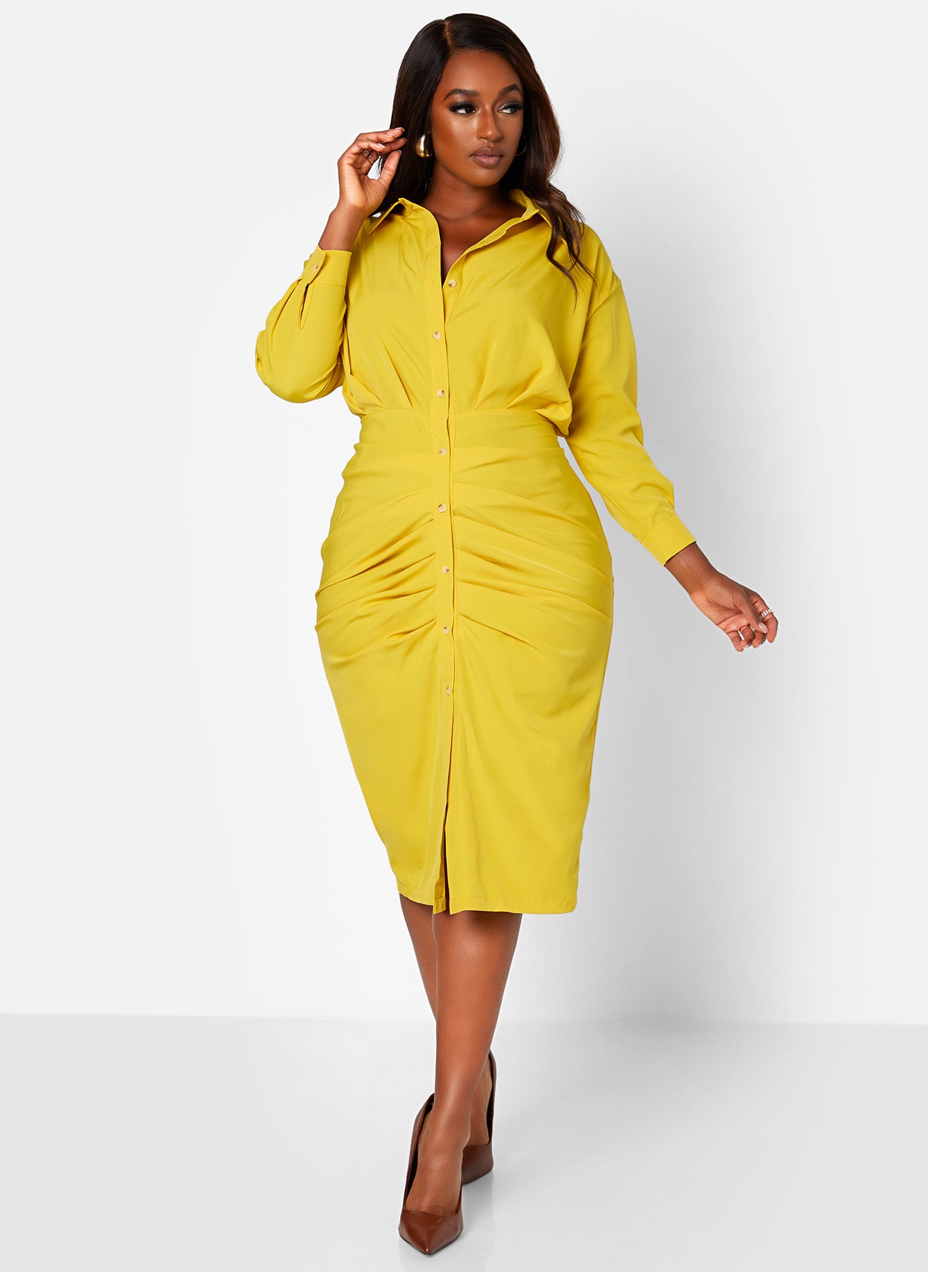Mustard Clock In Button Front Tie Waist Cinched Midi Bodycon Dress Plus Sizes