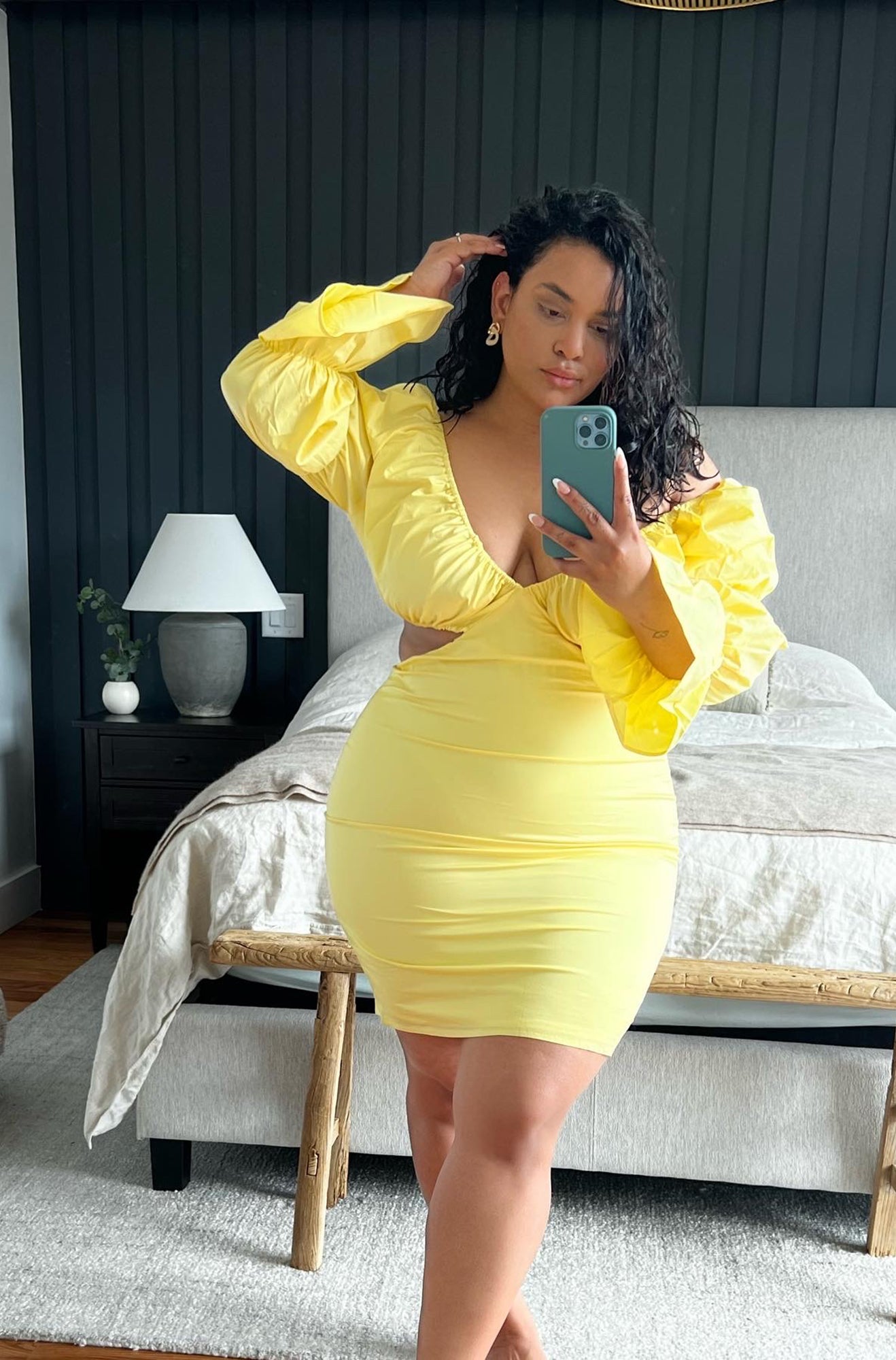 Denise Mercedes X REBDOLLS Champagne Dreams Cut Out Tiered Sleeve Mini Bodycon Dress - Yellow