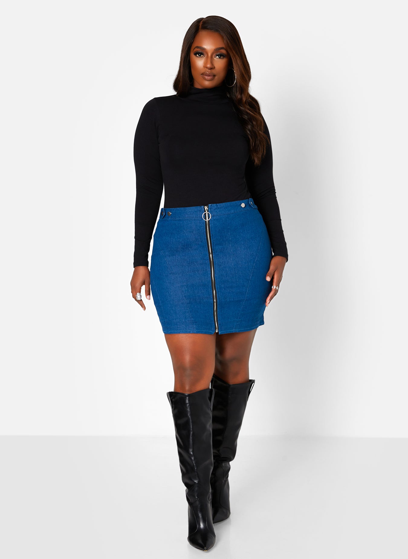 Blue Demi Denim Zipper Front Mini Bodycon Skirt Plus Sizes