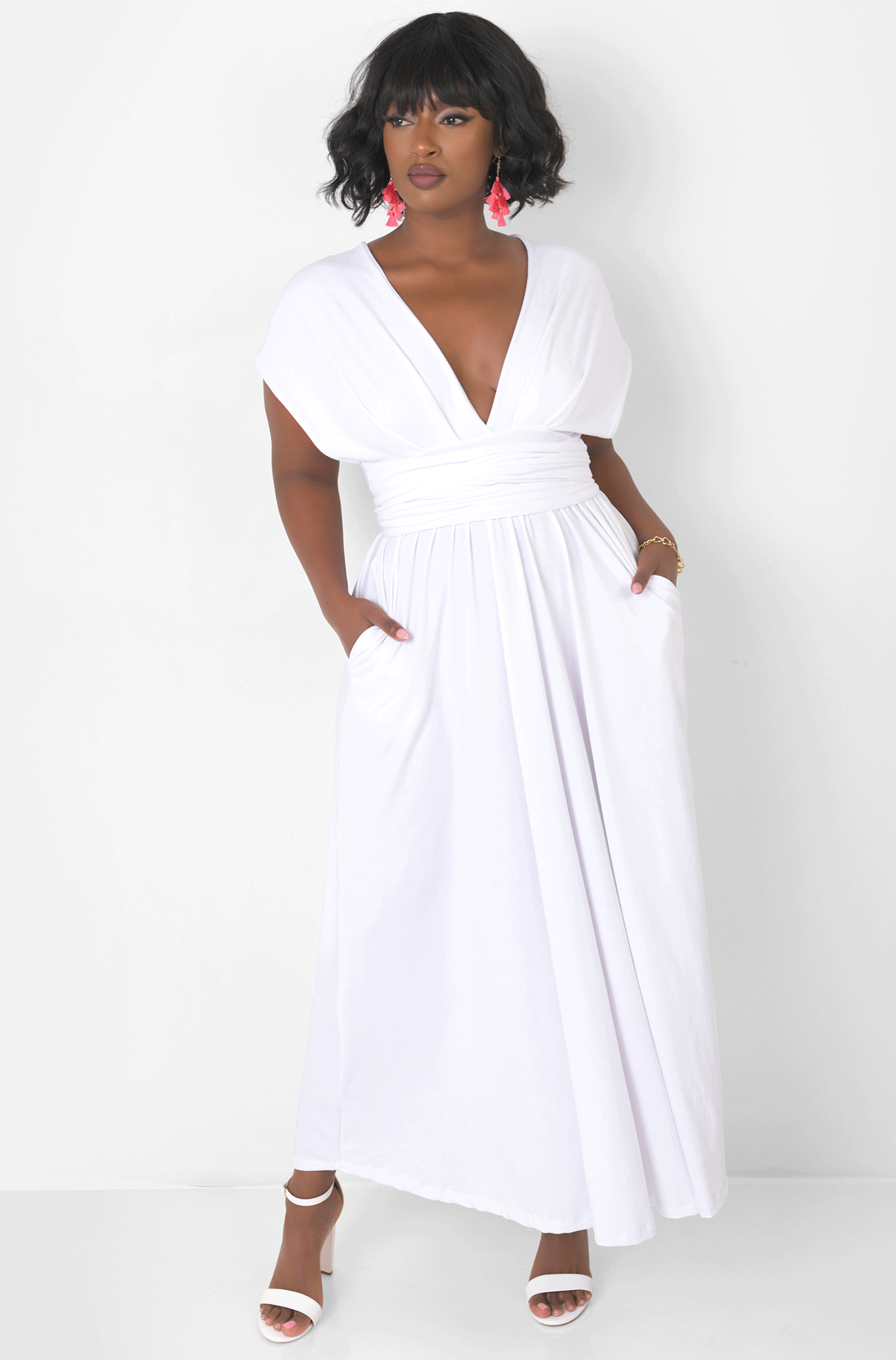 White Dreamy Sleeveless V Neck Multiway Skater Maxi Dress W. Pockets Plus Sizes