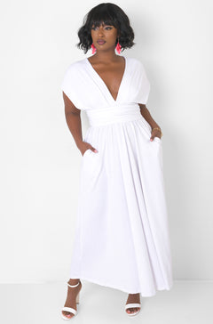 White Dreamy Sleeveless V Neck Multiway Skater Maxi Dress W. Pockets Plus Sizes