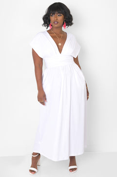 White Dreamy Sleeveless V Neck Multiway Skater Maxi Dress W. Pockets Plus Sizes