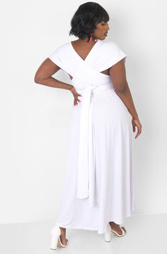 White Dreamy Sleeveless V Neck Multiway Skater Maxi Dress W. Pockets Plus Sizes