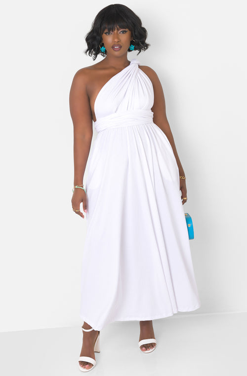 White Dreamy Sleeveless V Neck Multiway Skater Maxi Dress W. Pockets Plus Sizes