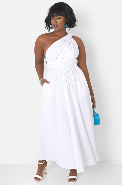 White Dreamy Sleeveless V Neck Multiway Skater Maxi Dress W. Pockets Plus Sizes