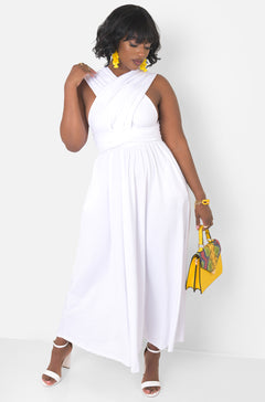 White Dreamy Sleeveless V Neck Multiway Skater Maxi Dress W. Pockets Plus Sizes