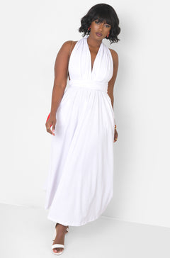 White Dreamy Sleeveless V Neck Multiway Skater Maxi Dress W. Pockets Plus Sizes