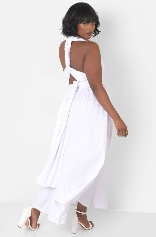 White Dreamy Sleeveless V Neck Multiway Skater Maxi Dress W. Pockets Plus Sizes