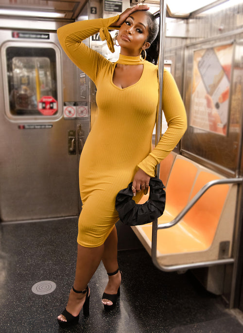 Best Dressed Ribbed Keyhole Tie Cuff Midi Bodycon Dress