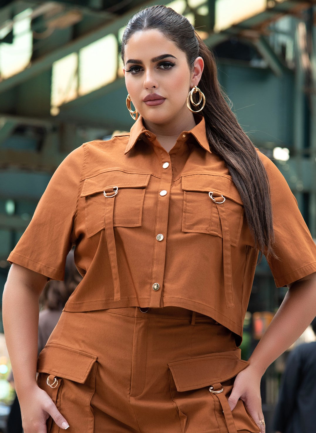 Brown On The Go Short Sleeve Button Up Crop Top Plus Sizes