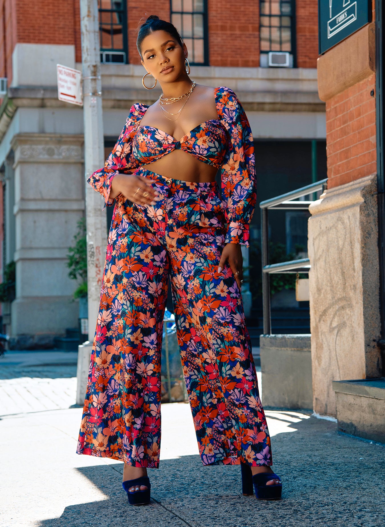 Multicolor Valentina Floral Print Twist Front Long Sleeve Bralette Top Plus Sizes