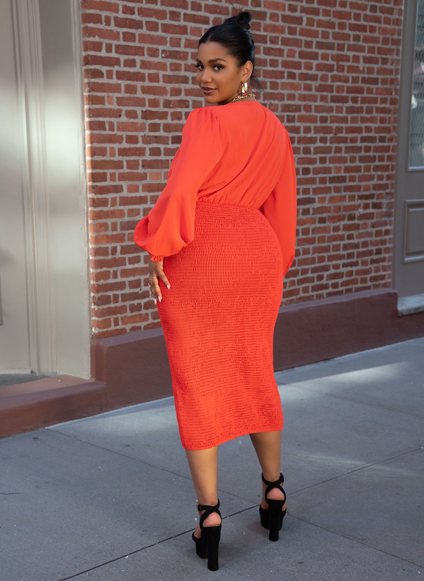 Red Gianna Long Sleeve Smocked Midi Bodycon Dress Plus Sizes