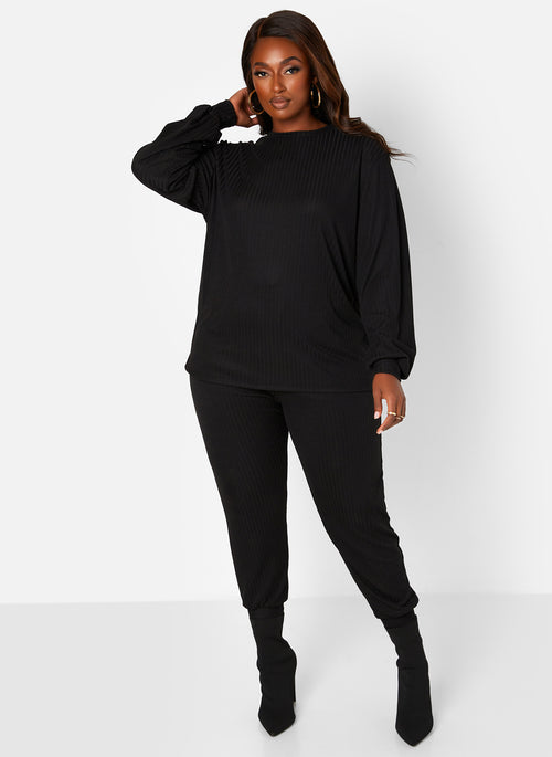Ease Up Ribbed Oversized Shirt & Joggers Set - Black