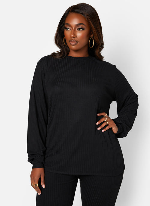 Ease Up Ribbed Oversized Shirt & Joggers Set - Black