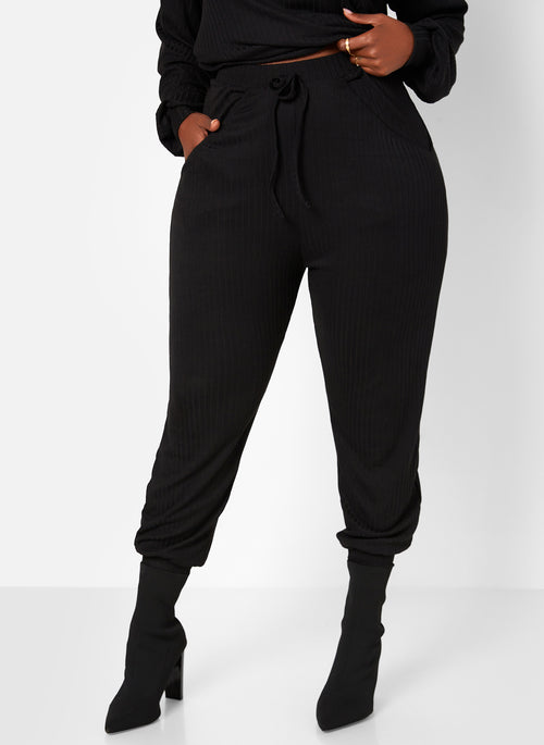 Ease Up Ribbed Oversized Shirt & Joggers Set - Black