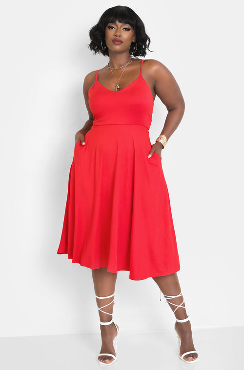 Red I Dont Think So Strappy Skater Midi Dress w. Pockets Plus Sizes